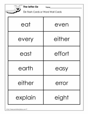 Word Wall Words for the Letter E
